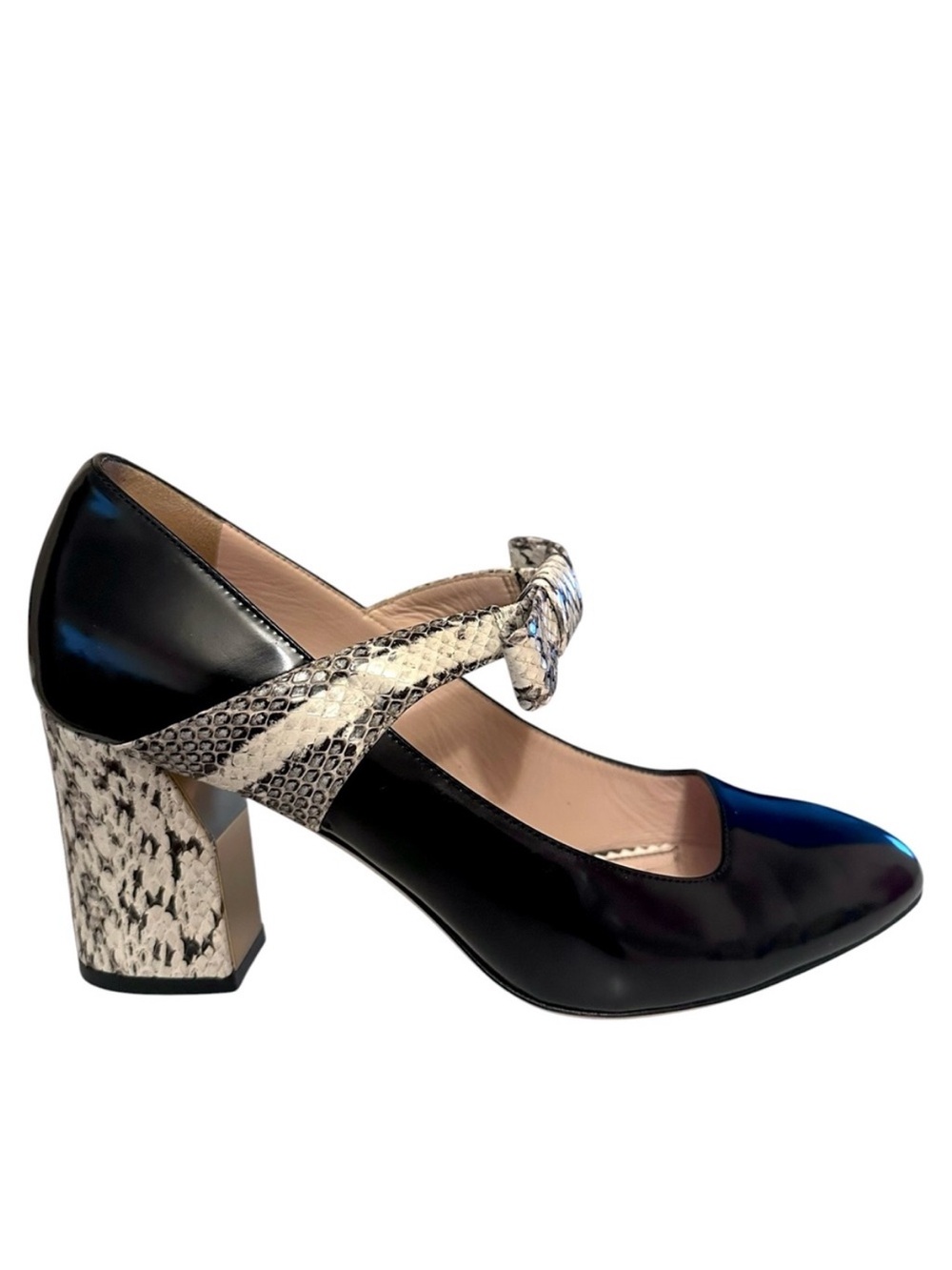 GUCCI Nimue Black & Cream Patent Leather Snakeskin Mary Jane Block Heel Pump